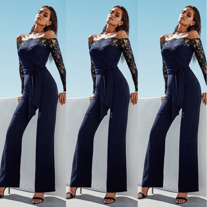 Women Sexy Off Shoulder Floral Lace Long Sleeve Bodycon Wide Leg Jumpsuits Rompers with Belt