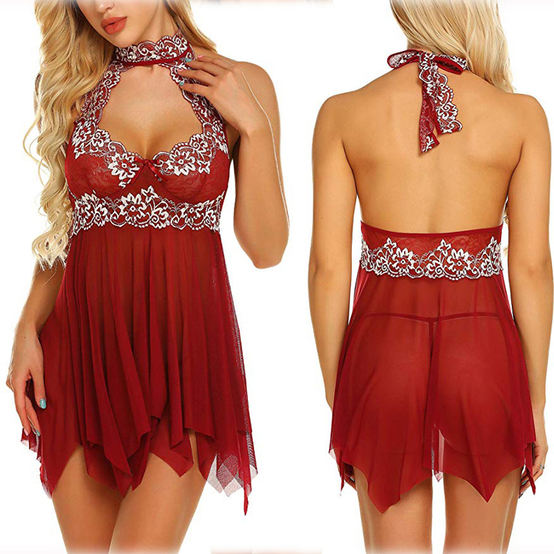 Women V-Neck Lingerie Lace Babydoll Mesh Chemise Nightwear Outfits