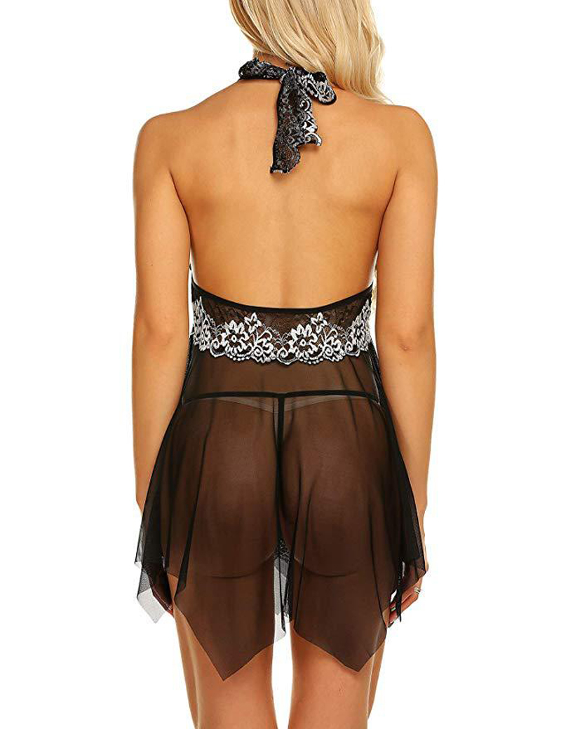 Women V-Neck Lingerie Lace Babydoll Mesh Chemise Nightwear Outfits