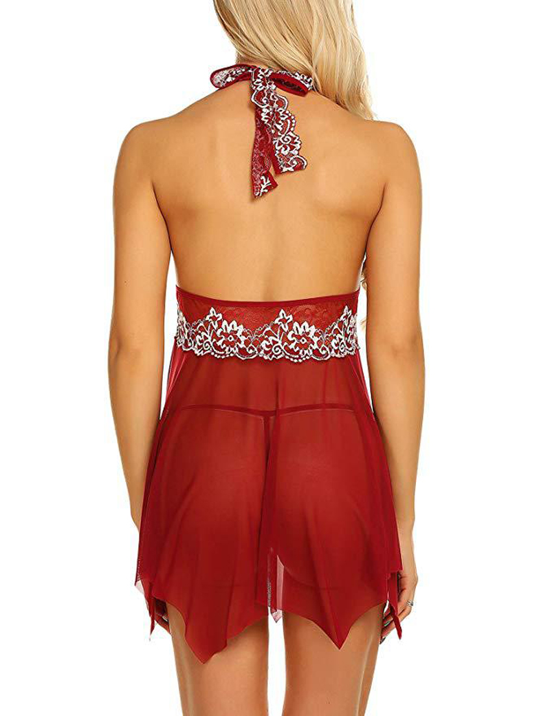 Women V-Neck Lingerie Lace Babydoll Mesh Chemise Nightwear Outfits