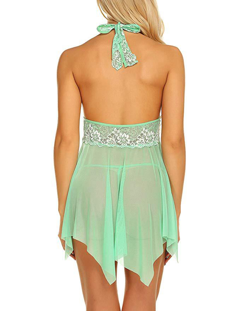 Women V-Neck Lingerie Lace Babydoll Mesh Chemise Nightwear Outfits