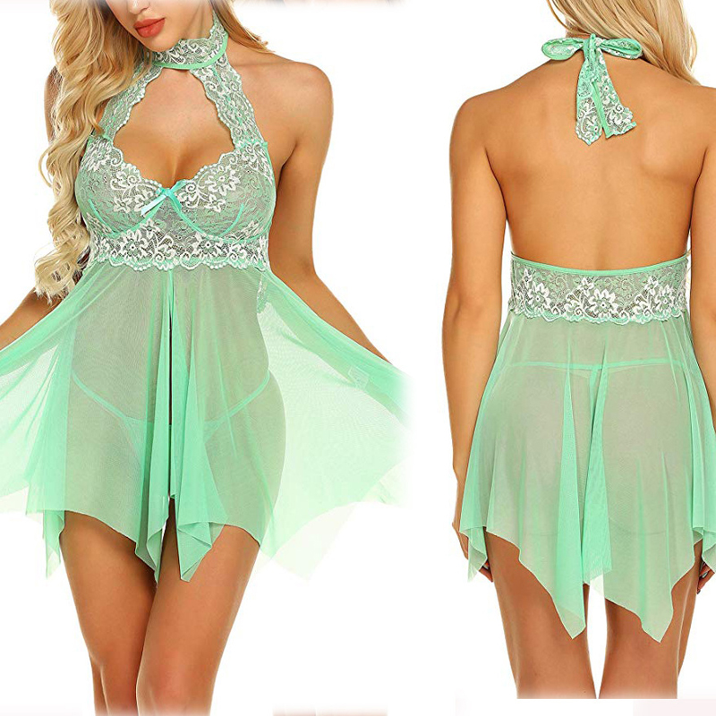 Women V-Neck Lingerie Lace Babydoll Mesh Chemise Nightwear Outfits