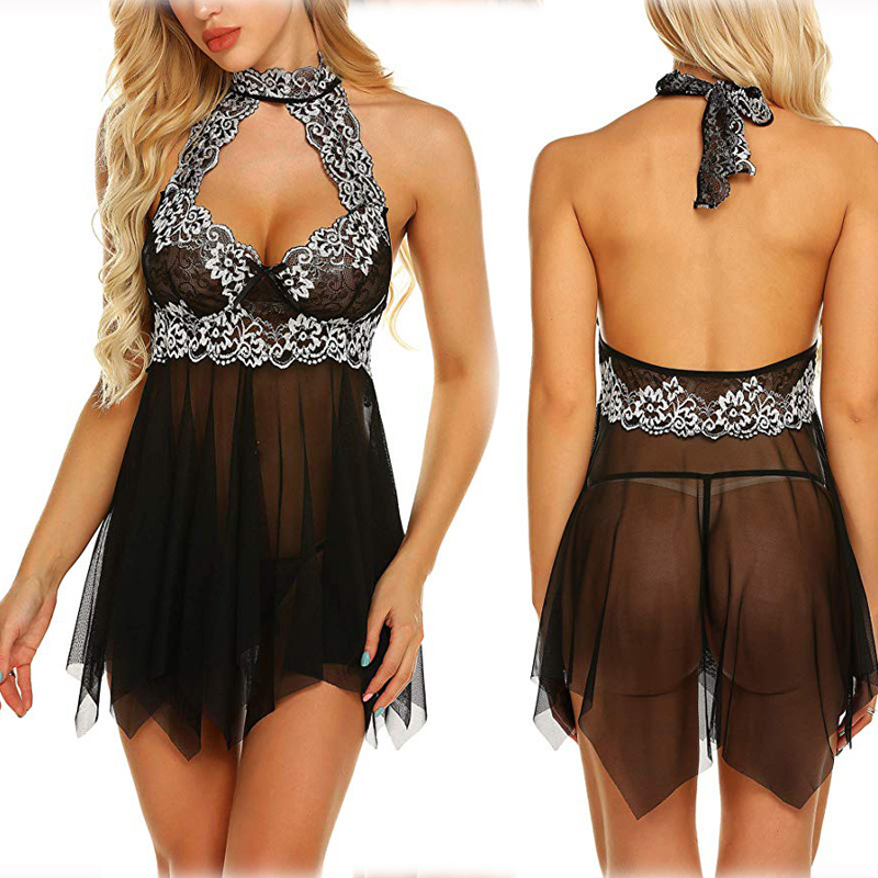 Women V-Neck Lingerie Lace Babydoll Mesh Chemise Nightwear Outfits