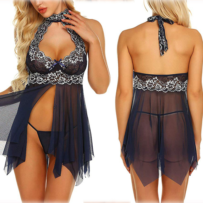 Women V-Neck Lingerie Lace Babydoll Mesh Chemise Nightwear Outfits