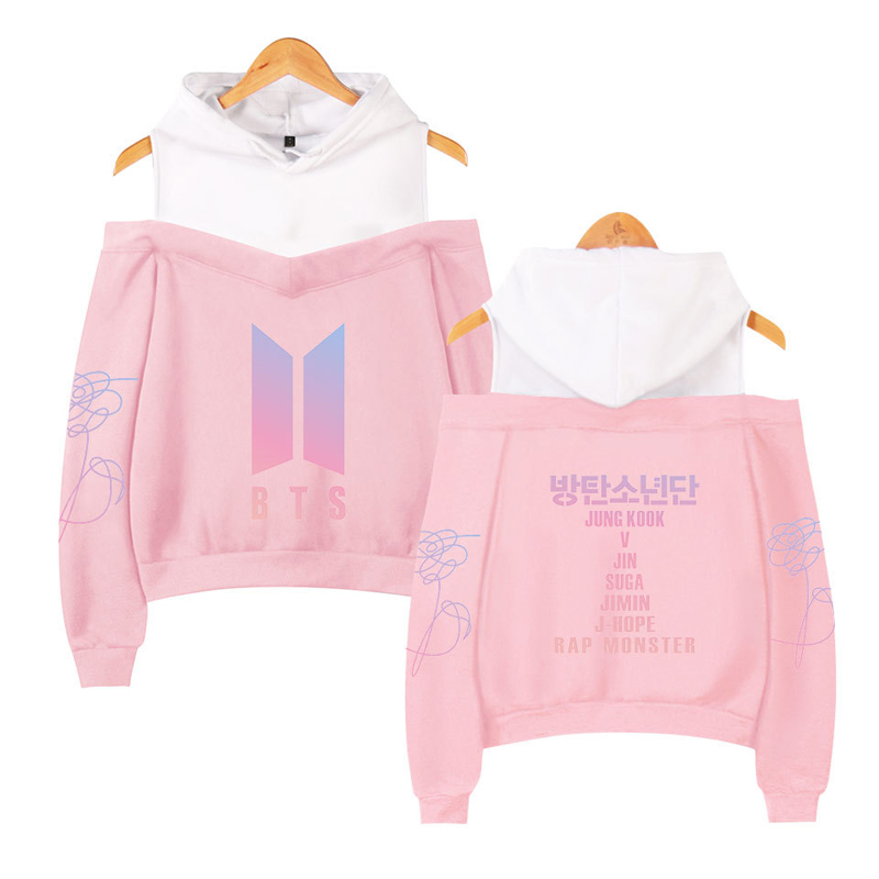 Women BTS Love Yourself Hoodie Sweater Off Shoulder Hooded Sweatshirt Jacket Pullover
