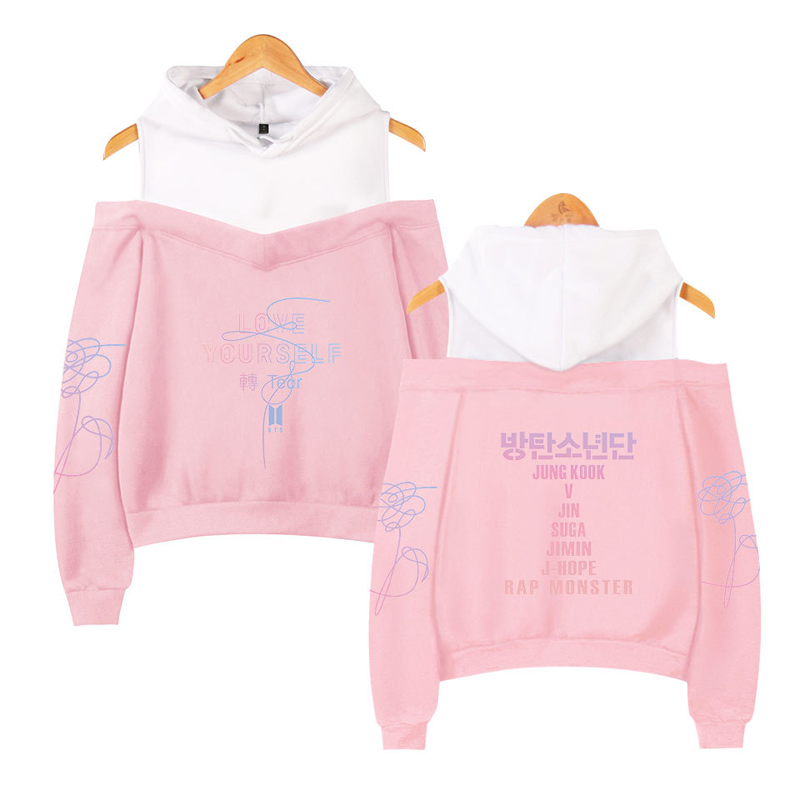 Women BTS Love Yourself Hoodie Sweater Off Shoulder Hooded Sweatshirt Jacket Pullover