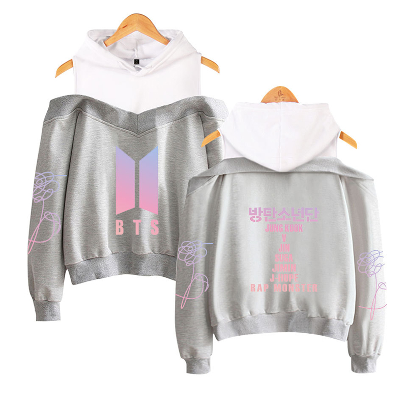 Women BTS Love Yourself Hoodie Sweater Off Shoulder Hooded Sweatshirt Jacket Pullover