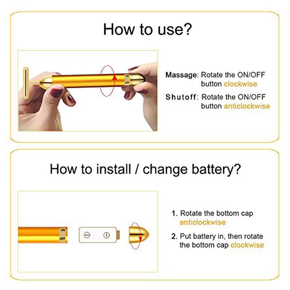 24k Golden Beauty Bar,Electronic Facial Roller Waterproof Micro Vibrating Massager for Face Lifting