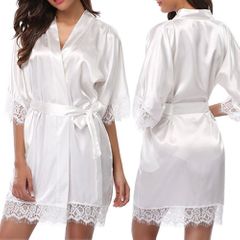 Women's Lace Trim Kimono Robe Nightwear Nightgown Sleepwear Satin Short Robe Chinese size smaller then white 2XL(Fit XL-XXL)