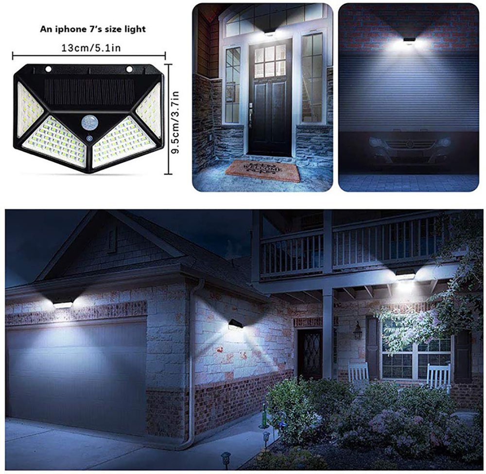 1 PCS Solar Lights Outdoor, 100 LEDs, 3 Adjustment Modes, Wireless Motion Sensor Light