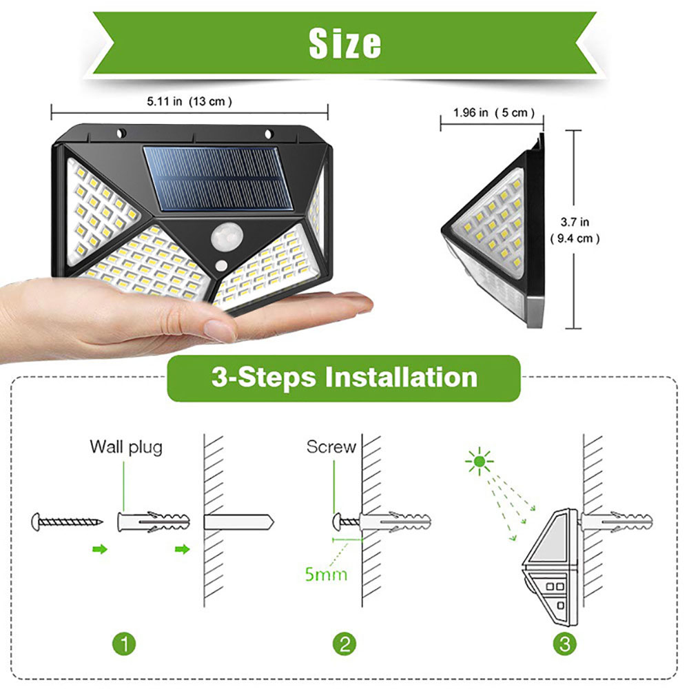 1 PCS Solar Lights Outdoor, 100 LEDs, 3 Adjustment Modes, Wireless Motion Sensor Light