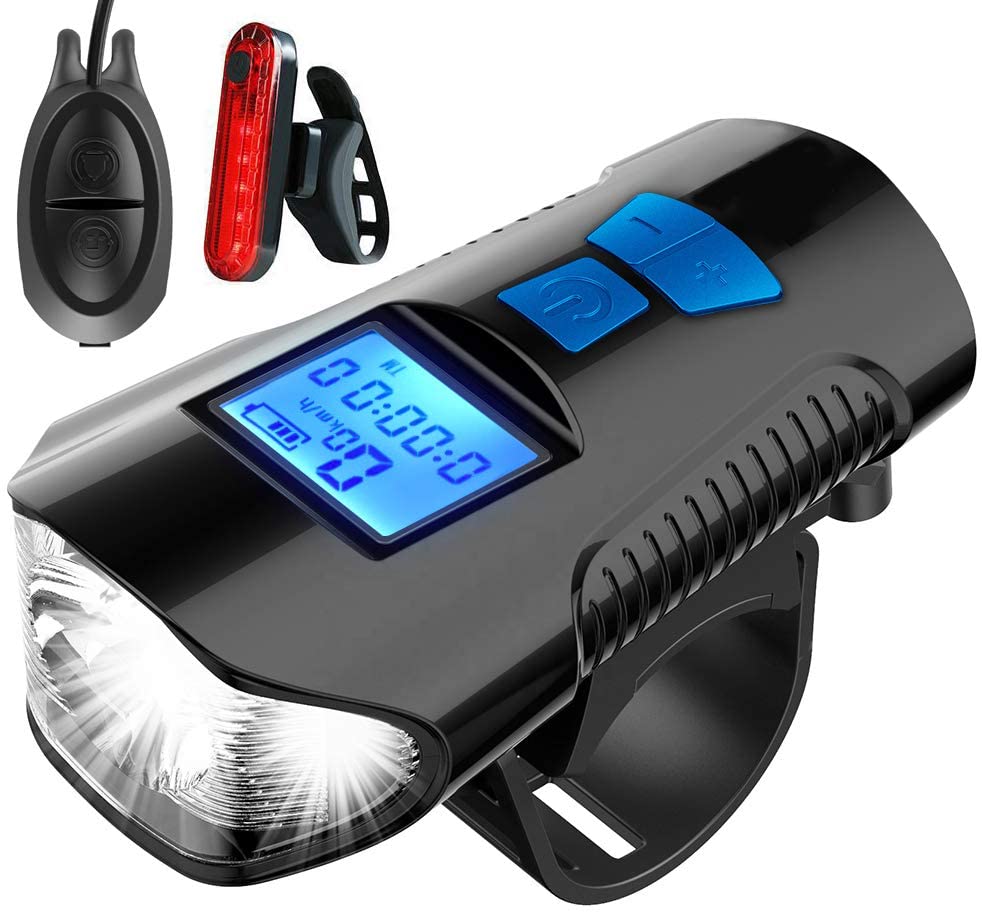 LED Bicycle Light Set USB Rechargeable Speedometer with LCD Display Fits All Mountain &amp; Road Bike