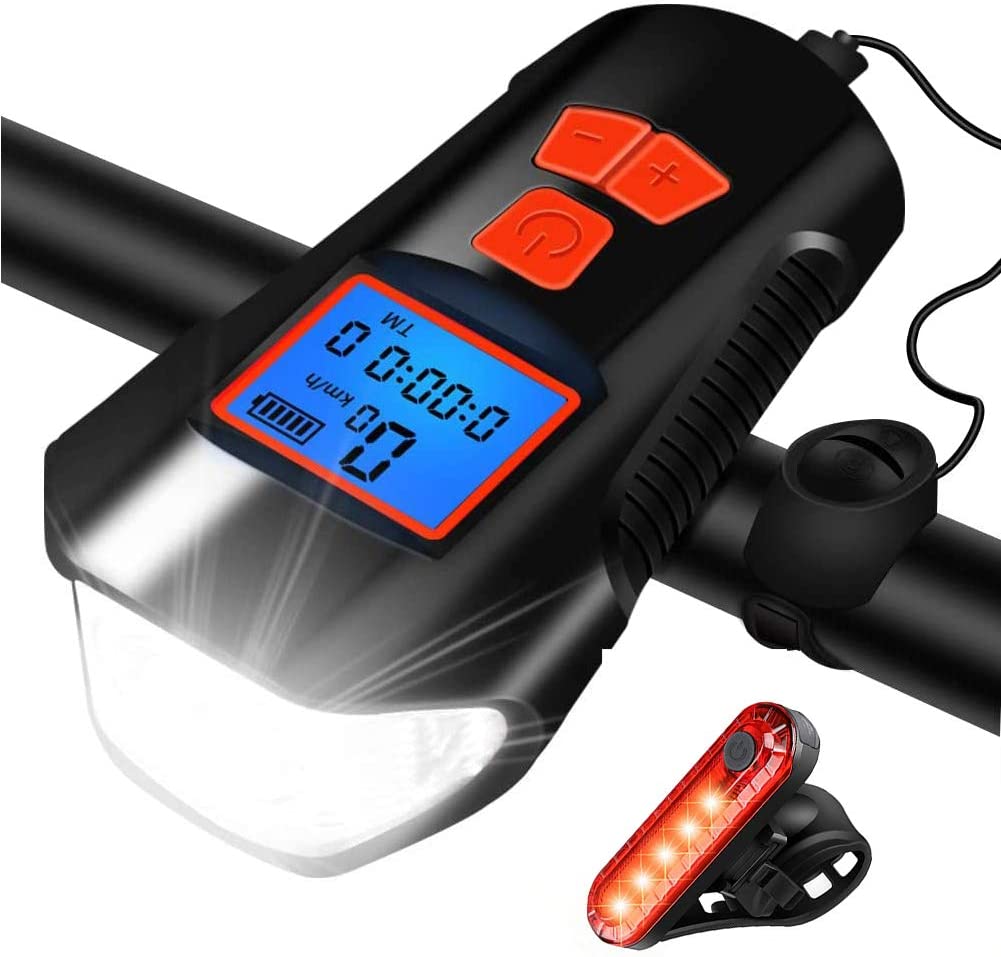 LED Bicycle Light Set USB Rechargeable Speedometer with LCD Display Fits All Mountain &amp; Road Bike