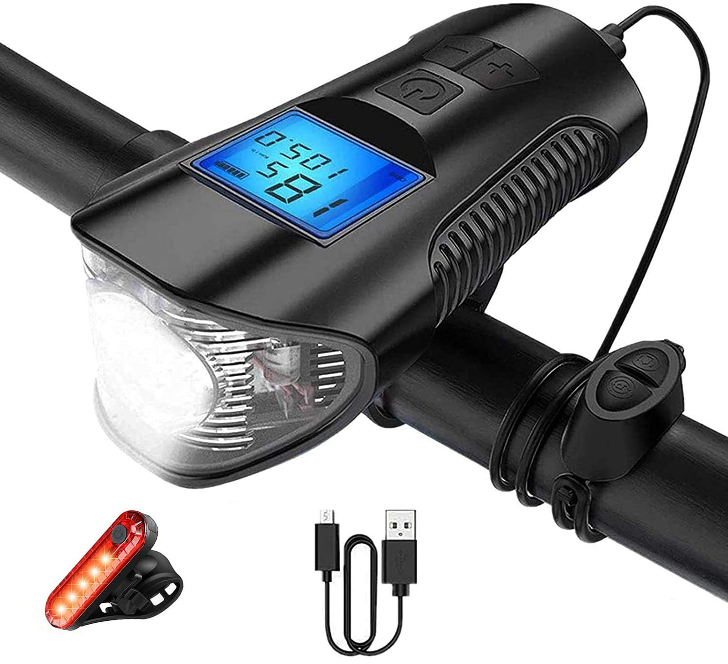 LED Bicycle Light Set USB Rechargeable Speedometer with LCD Display Fits All Mountain &amp; Road Bike