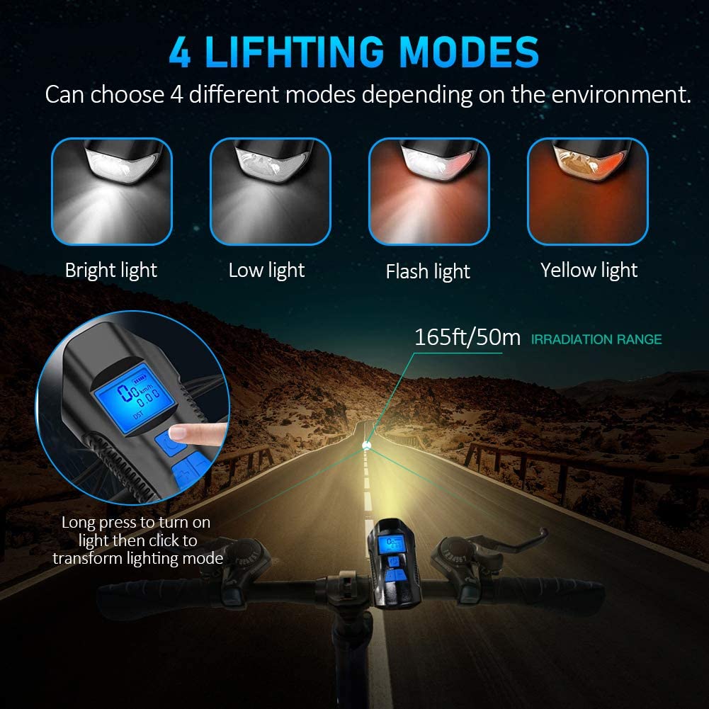 LED Bicycle Light Set USB Rechargeable Speedometer with LCD Display Fits All Mountain &amp; Road Bike