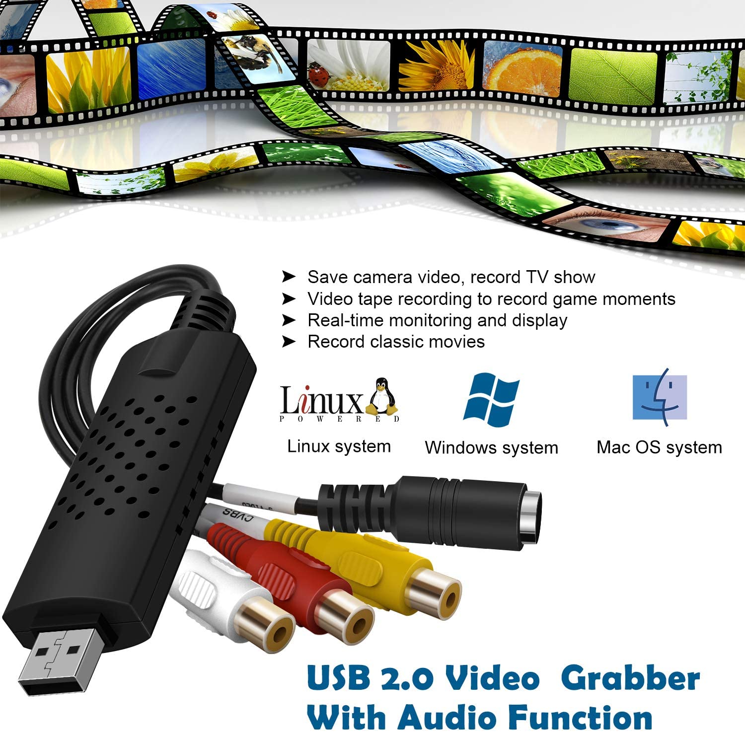 Video Capture Card Device, USB2.0 Adapter Audio Grabber VHS VCR TV to DVD Converter for Windows PC
