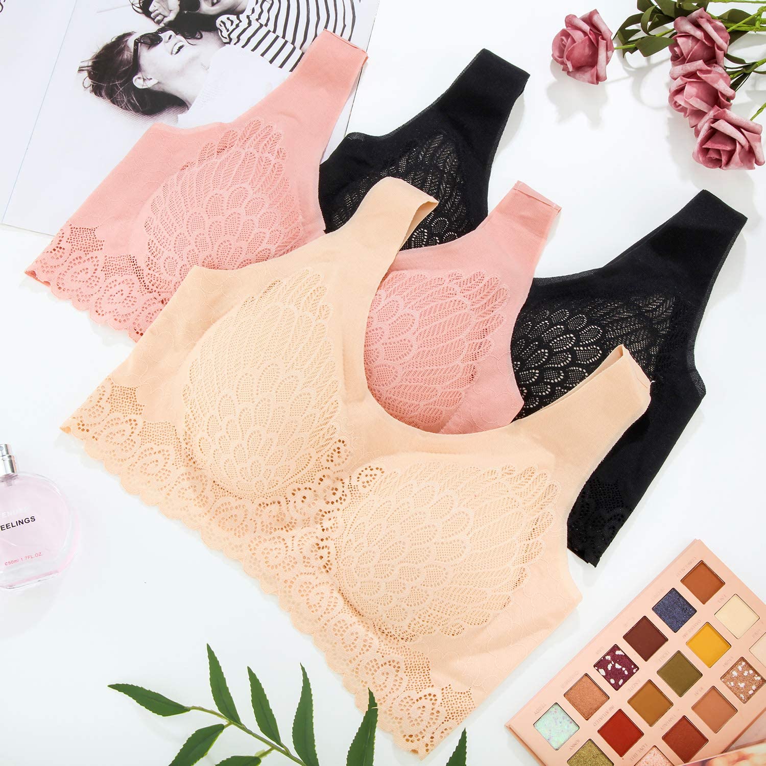 Women 5D Wireless Contour Bra Breathable Seamless Lace Underwear for Sports Yoga Running