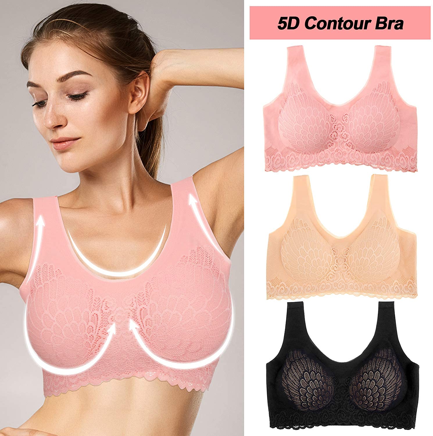 Women 5D Wireless Contour Bra Breathable Seamless Lace Underwear for Sports Yoga Running