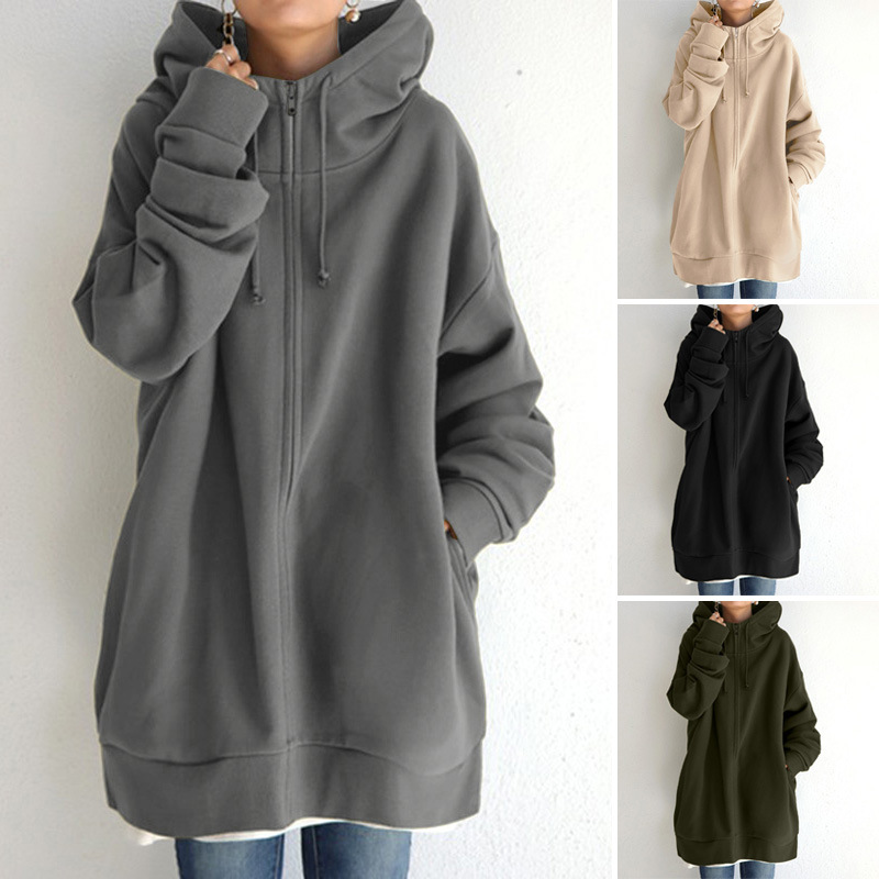 Women's Casual Zip Up Hoodies Long Tunic Sweatshirts Jackets Solid Color Fashion Plus Size Hoodie with Pockets S-5XL 