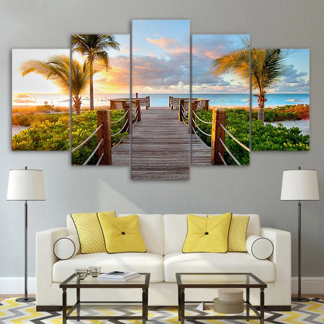 5 Piece/Set Landscape  beach Picture Canvas Wall Art,Beach Painting Decor Ocean Canvas Prints for Living Room,no frame，Ready to Hang Only canvas painting