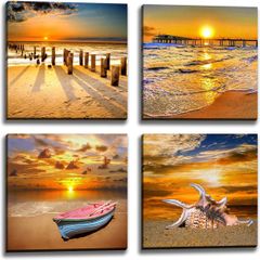 4 Piece/set Beach Ocean Sunset Picture Canvas Wall Art,Painting Frameless Canvas Prints for Living Room, Ready to Hang Only canvas pain1ting, no frame 30*30CM*4pcs/set as picture
