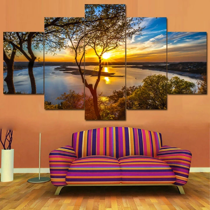 5 Piece Tree Sunset Lake Picture Canvas Wall Art,Painting Frameless Canvas Prints for Living Room, Ready to Hang Only canvas painting, no frame