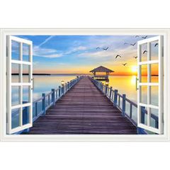 Fake Windows Wall Sticker Removable 3D sunset Seascape FauxFrameless Vinyl Self-Adhesive Beach Landscape Palm Tree Wall Mural Stickers for Bedroom Living Room Decoration 50*75cm as picture