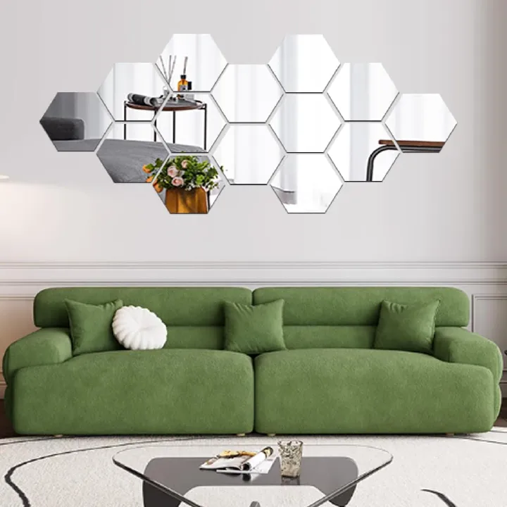 12PCS Mirror Wall Stickers 3D Hexagon Acrylic Mirror Wall Decor DIY Art Wall Sheet Plastic Removable  Tiles for Bathroom Bedroom Living Room TV Background Wall Decoration