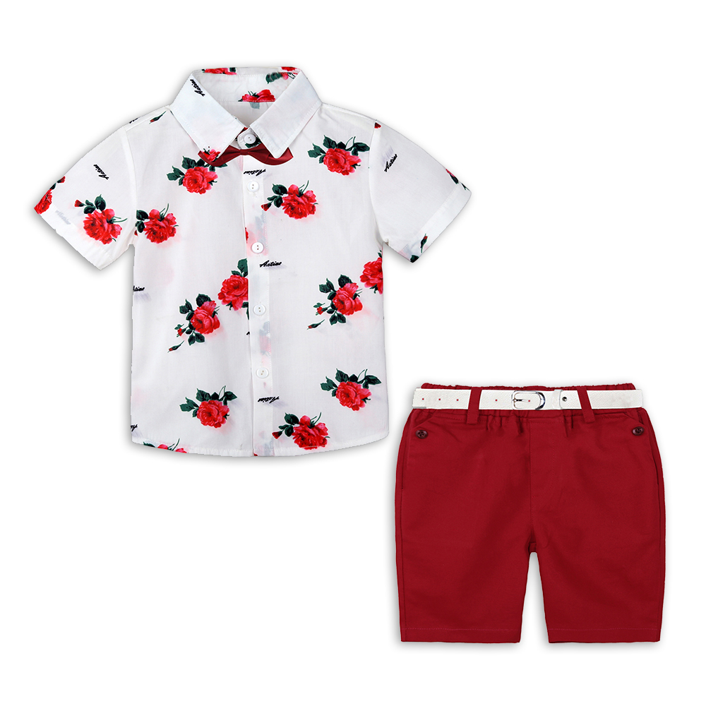 Boys Boutique Clothing Fashion Summer Set Gentleman Print Floral Bow Tie Shirt+Shorts Suits Kids