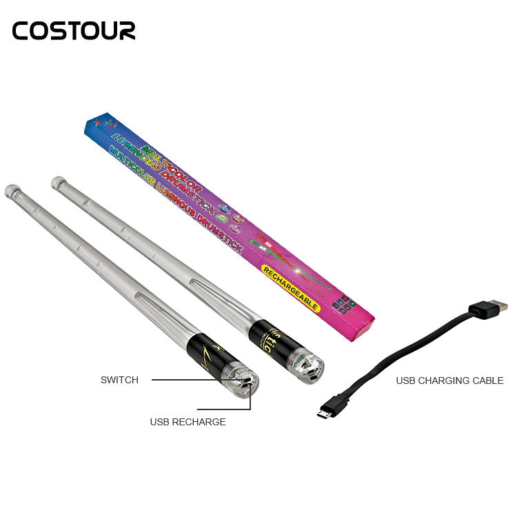 Multi Color Luminous Drum Stick 5A LED Light up with Switch USB Rechargeable Drumsticks