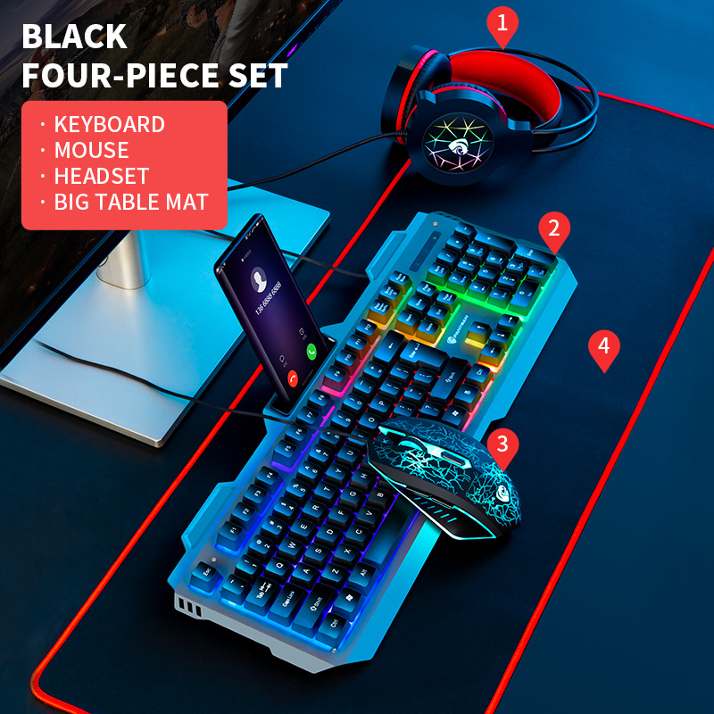 4 Pcs/Set Mechanical Wired USB Keyboard Illuminated Gaming Mice Mouse Pad Mat Headphone Desktop Backlight Kit