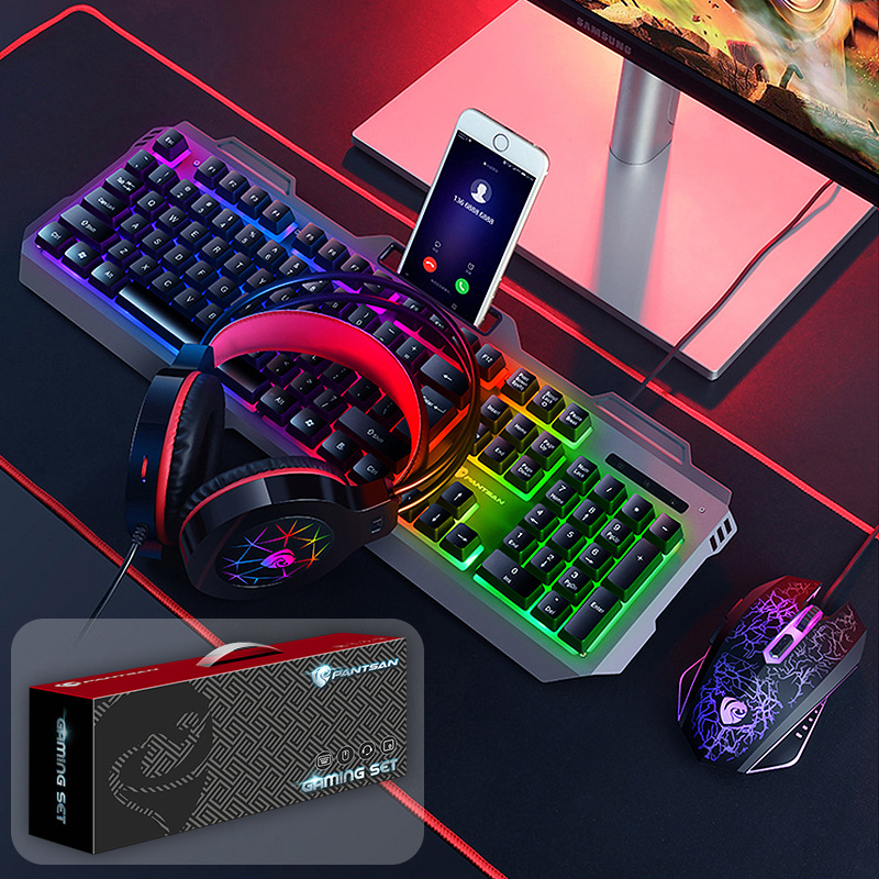 4 Pcs/Set Mechanical Wired USB Keyboard Illuminated Gaming Mice Mouse Pad Mat Headphone Desktop Backlight Kit
