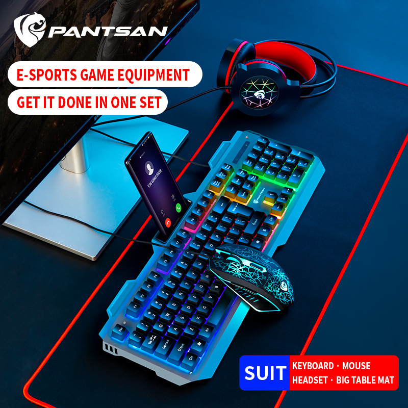 4 Pcs/Set Mechanical Wired USB Keyboard Illuminated Gaming Mice Mouse Pad Mat Headphone Desktop Backlight Kit