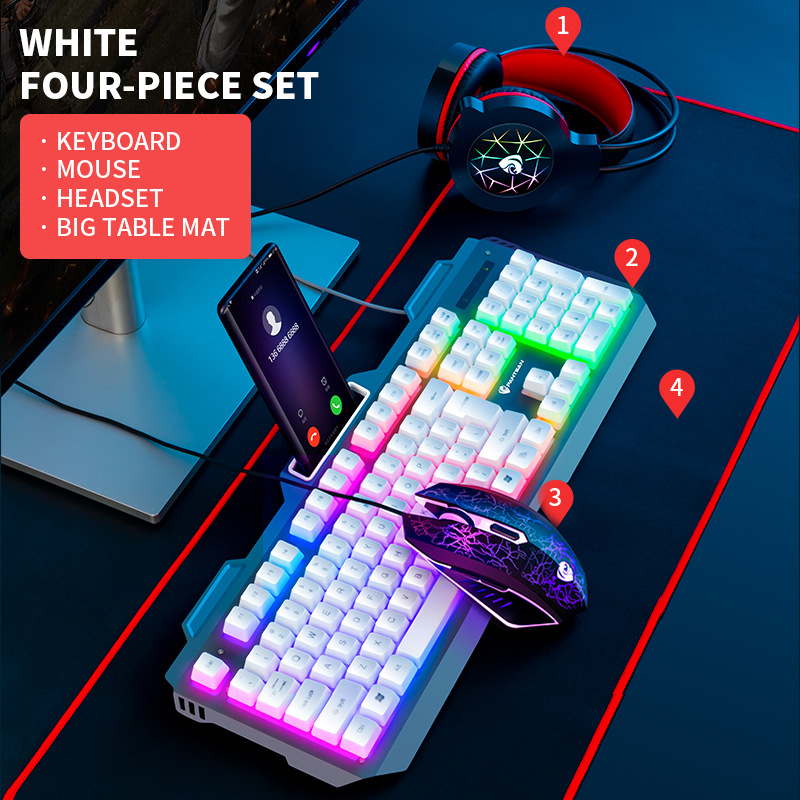 4 Pcs/Set Mechanical Wired USB Keyboard Illuminated Gaming Mice Mouse Pad Mat Headphone Desktop Backlight Kit