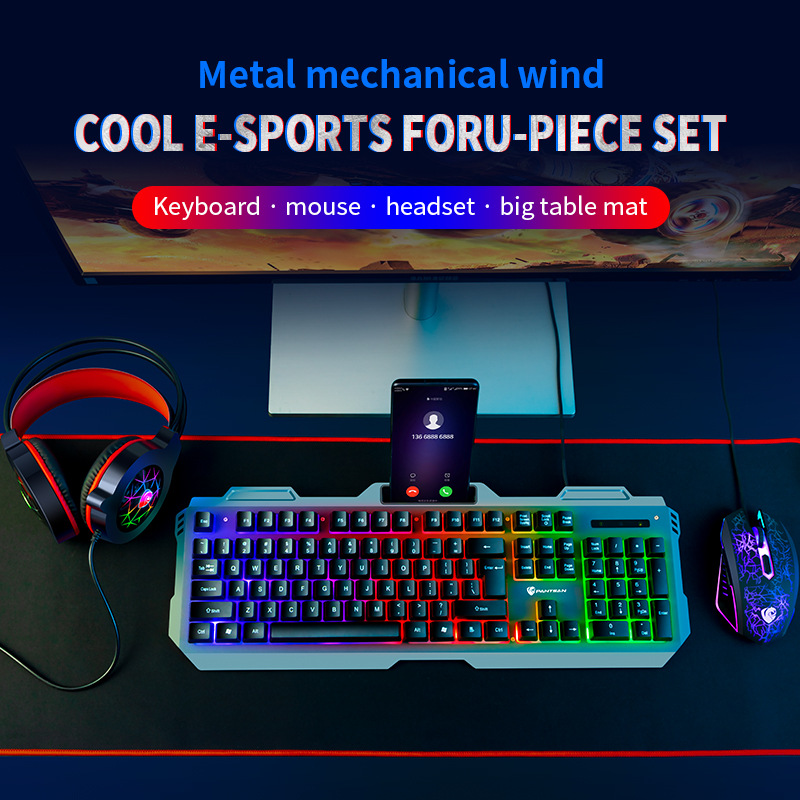 4 Pcs/Set Mechanical Wired USB Keyboard Illuminated Gaming Mice Mouse Pad Mat Headphone Desktop Backlight Kit