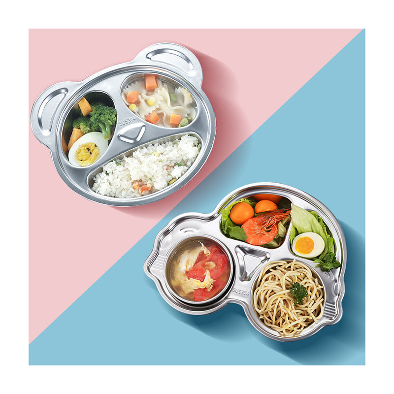304 Stainless Steel Dinner Plate for Kids Cartoon Shape Dinner Plate Three Grid Stainless Steel Dinner Plate School Lunch Box 2pcs