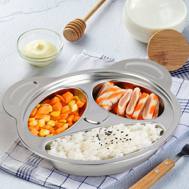 304 Stainless Steel Dinner Plate for Kids Cartoon Shape Dinner Plate Three Grid Stainless Steel Dinner Plate School Lunch Box 2pcs