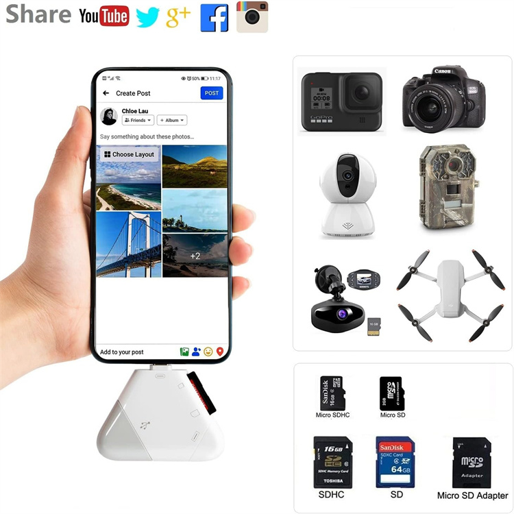 SD Card Reader USB-C, 3-in-1 Memory Card Reader for iPhone/iPad USB A Devices, Camera Card Adapter Trail Camera Viewer Compatible with PC Android phone