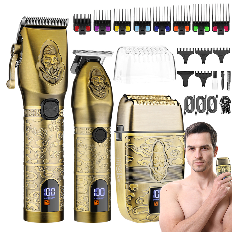 Newest Electric Senior Barber Hair Clipper Machine Trimmer Professional Portable Gold Electric Hair Clipper Set T-Blade Nose Hair Beard Trimmer Set Hair Cutting Grooming Kit