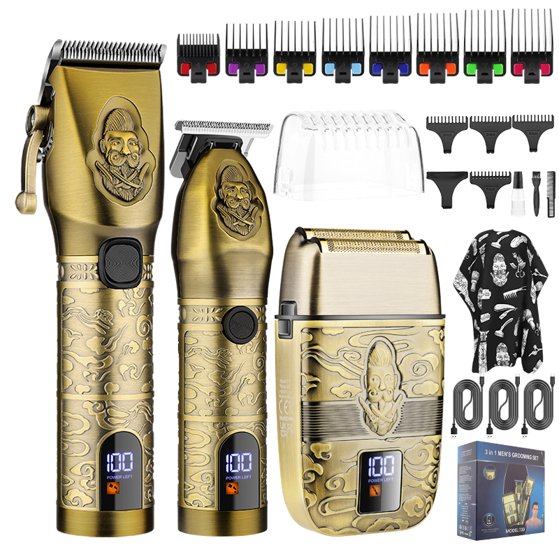Newest Electric Senior Barber Hair Clipper Machine Trimmer Professional Portable Gold Electric Hair Clipper Set T-Blade Nose Hair Beard Trimmer Set Hair Cutting Grooming Kit
