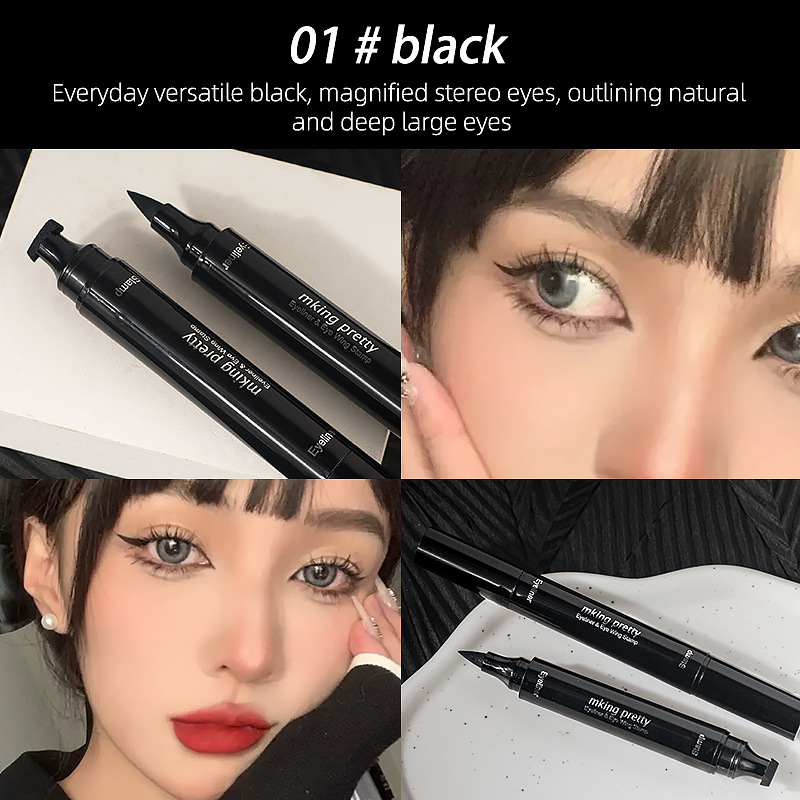 2 in 1 Liquid Eyeliner Waterproof Stamp Cosmetic Eye liner Pencil Make Up Black