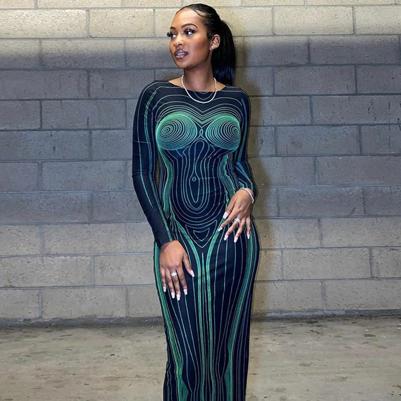 Generic Sexy Streak 3D Printing Maxi Dress Women Hipster O Neck Long Sleeve Straight Robe Female High Street Backless Bodycon Dresses