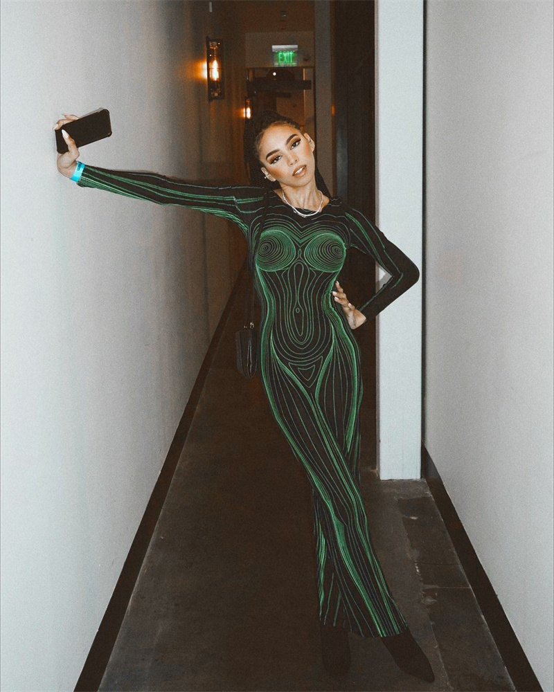 Generic Sexy Streak 3D Printing Maxi Dress Women Hipster O Neck Long Sleeve Straight Robe Female High Street Backless Bodycon Dresses