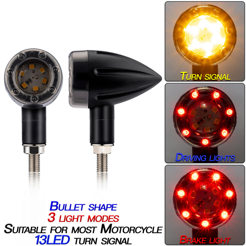 Universal 1Pair Motorcycle Rear Front Turn Signal Bullet Nose Shape 3 Light Modes Brake Light Driving Light 13 LED