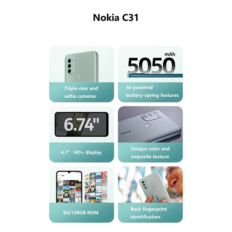 Nokia C31 4GB+64GB 4G Smartphone IP52 13MP Triple Camera Android 12 Dual SIM Card