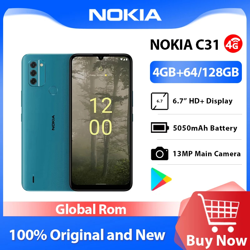 Nokia C31 4GB+64GB 4G Smartphone IP52 13MP Triple Camera Android 12 Dual SIM Card