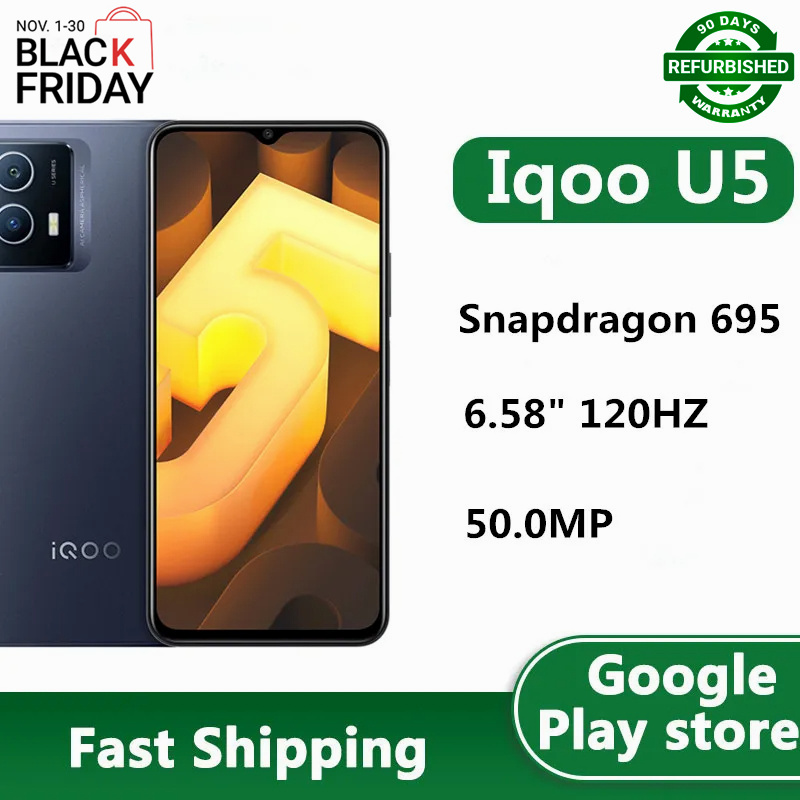 Refurbished Original Vivo Iqoo U5 5G Mobile Phone Snapdragon 695 Octa Core Android 12.0 6.58" 120HZ 2408X1080 50.0MP Fingerprint Face ID
