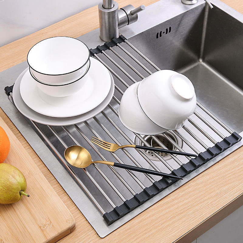 Large Size Roll-Up Foldable Dish Drying Rack Multifunctional Drain Bowl Rack for Water Tank