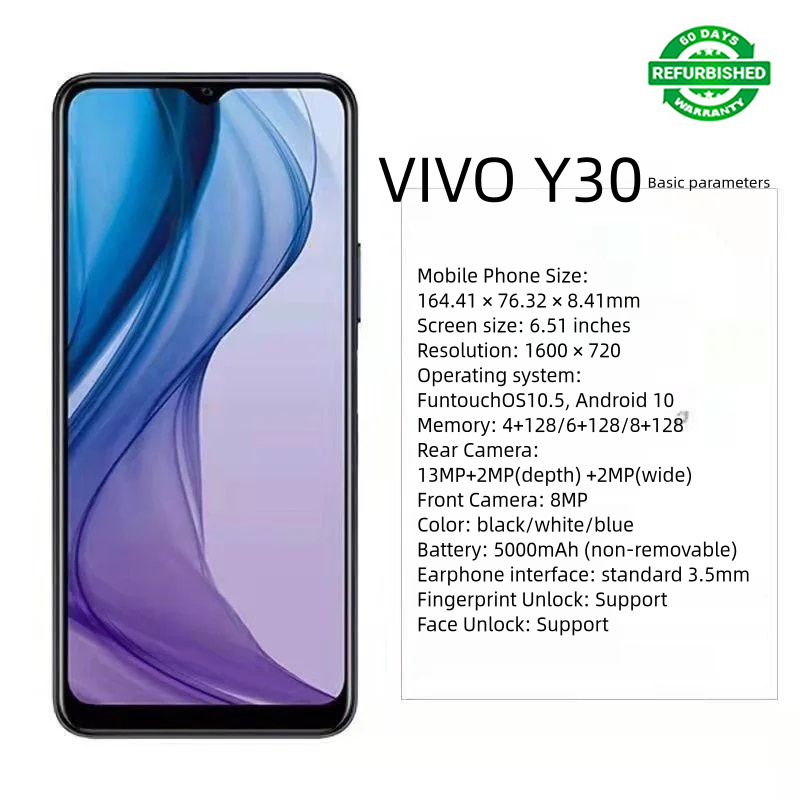 REFURBISHED VIVO Y30 4/6/8GB RAM 128GB ROM 13MP CAMERA 5000mAh  6.51 inch Screen WITH WARRANTY FINGERPRINT FACE UNLOCK Dual Card