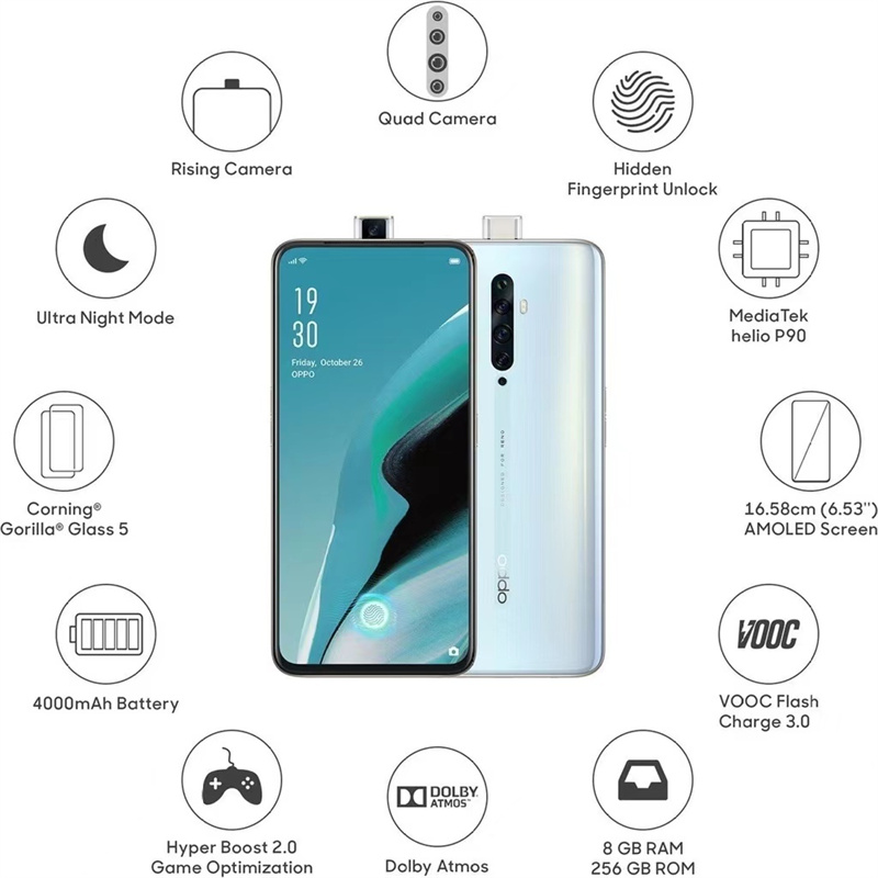 Refurbished OPPO Reno 2z 128GB+8GB 6.5 inch 48MP+16MP Camera Face Unlock Dual SIM Smart Phones